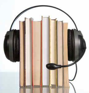 audiobook conception with headphones and books